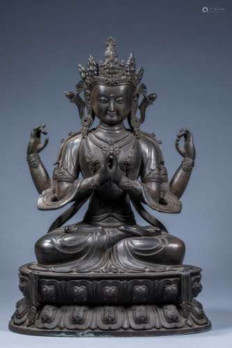 Ancient Chinese Sitting Statue of Green Tara with Four Arms