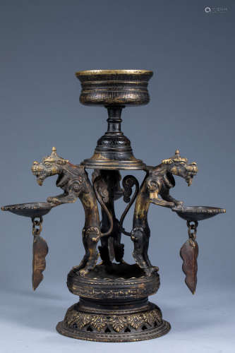 Ancient Chinese Buddhist three lion camel lamp copper oil la...