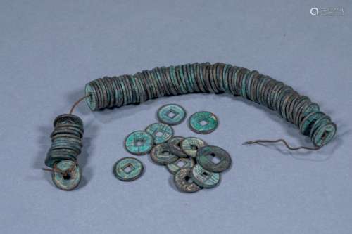 A string of ancient Chinese copper coins