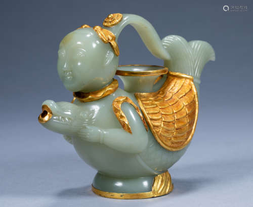 Ancient Chinese fish-turned-dragon gold-wrapped jade pot