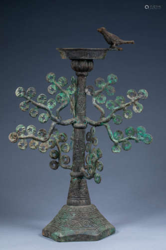 Ancient Chinese sacred bird perching wealth tree copper lamp