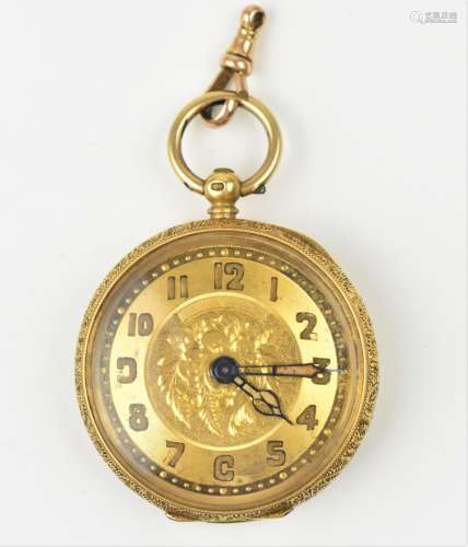 A Victorian 18ct gold open faced fob watch having a gilt dia...