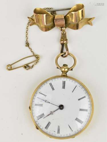 A Victorian 18ct yellow metal open faced, fob watch having a...