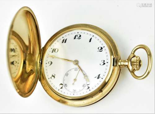 An early 20th century 14ct gold full hunter pocket watch hav...