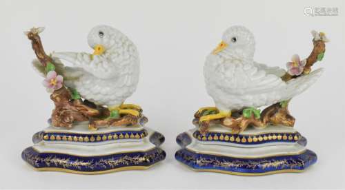 A pair of 20th century Sevres porcelain doves, each hand pai...