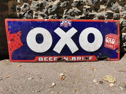 A vintage `OXO Beefin Brief` advertising enamel sign, with w...