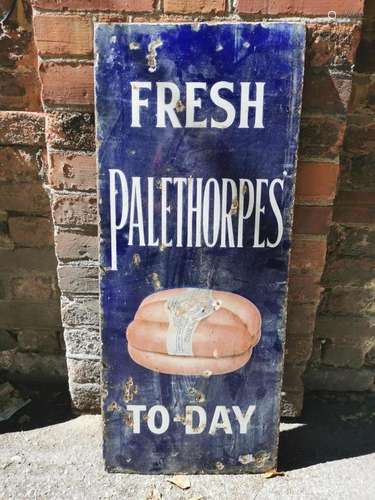 A vintage `Fresh Palethorpes Today` advertising enamel sign ...