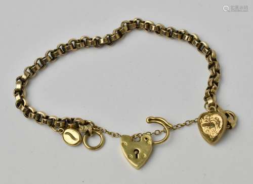 A 9ct yellow gold boxchain bracelet, with a heart and a coff...