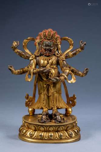 Chinese Qing Dynasty official gilt six-arm Mahakala statue