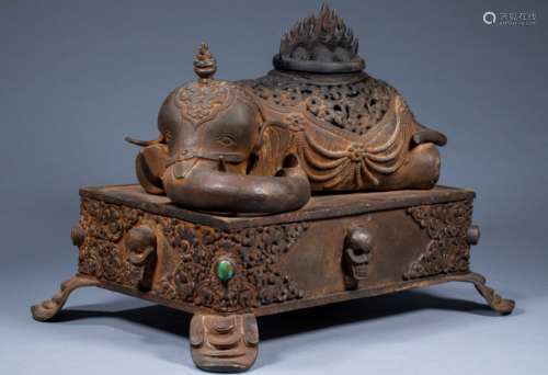 Ancient Chinese Buddhist Four-legged Elephant Copper Incense