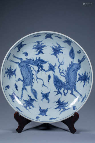 Chinese Ming Dynasty Jiajing blue and white unicorn large pl...