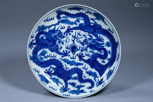 Chinese Qing Dynasty Guangxu Blue and White Shuanglong Playi...