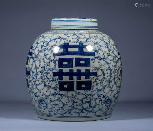 Ancient Chinese Blue and White Sixi Linmen Lid Jar