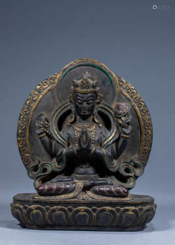 Ancient Chinese Buddhist four-armed green Tara statue