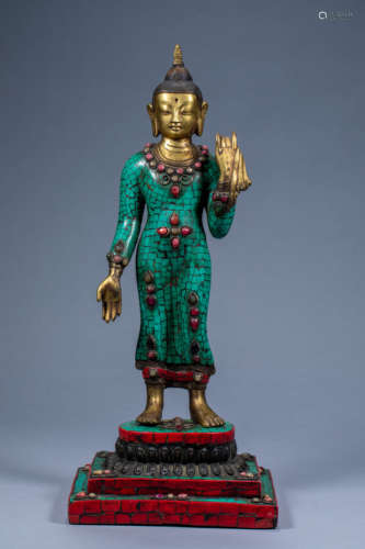 Ancient Chinese Buddhist inlaid gemstone turquoise statue of...