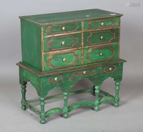 An Indian green painted diminutive chest of drawers with app...