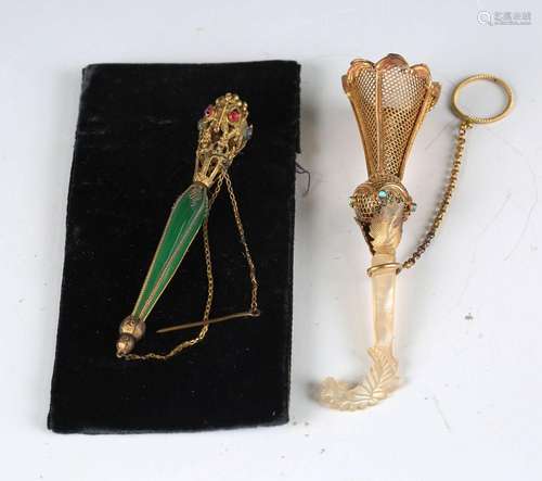 A late 19th century gilt metal and mother-of-pearl posy hold...