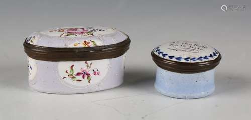 An 18th century South Staffordshire enamel patch box of oval...