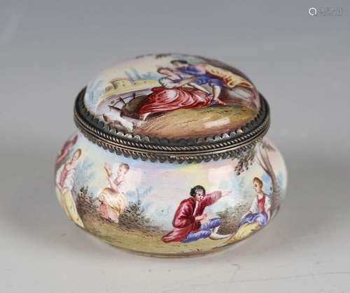 A 19th century French enamel box and cover depicting courtin...