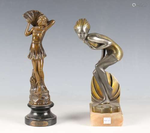 A French Art Deco bronzed spelter figure of a female fan dan...