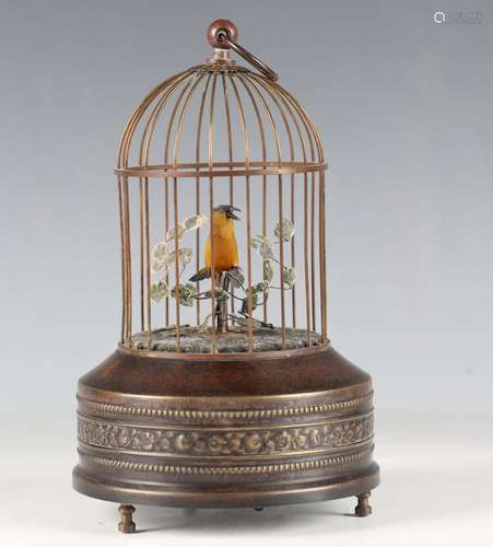 A 20th century patinated brass novelty musical birdcage auto...