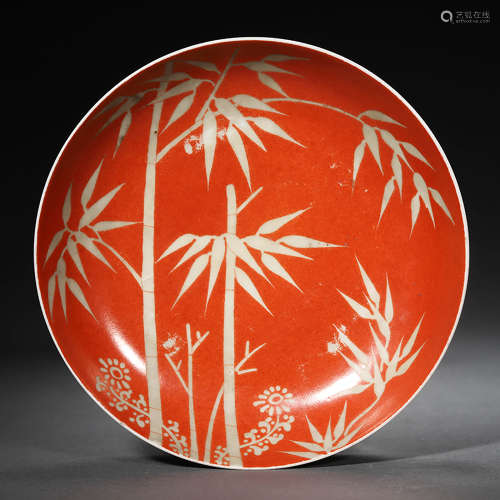 清中期 矾红留白竹纹盘