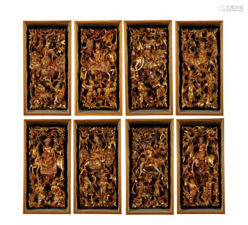 清 金漆木雕八仙人物挂屏一组八件 已装框