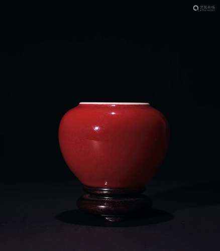 清乾隆 红釉钵式水盂（带老木座）