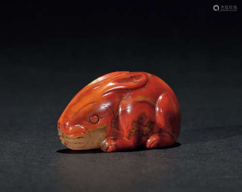 民国 红缟玛瑙圆雕卧兔
