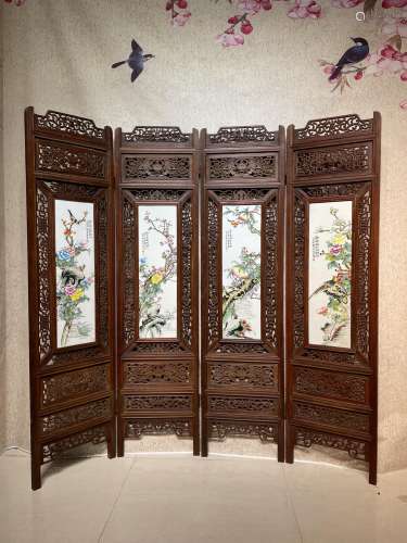 刘雨笒作品红木镶瓷板画粉彩花鸟带厚玻璃白四折折叠屏风