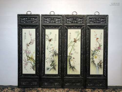 刘雨岑作品红木镶瓷板画手绘梅兰竹菊四条挂屏