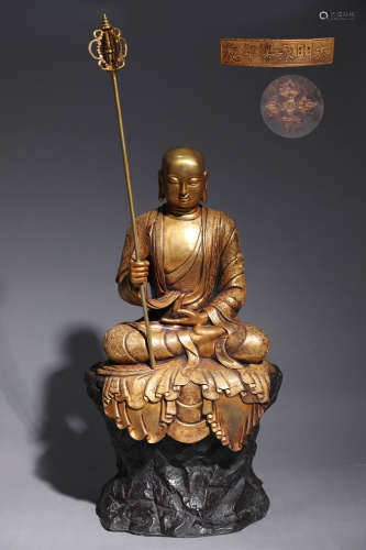 明精铸铜胎鎏金地藏王坐像