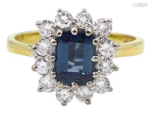 18ct gold emerald cut sapphire and round brilliant cut diamo...