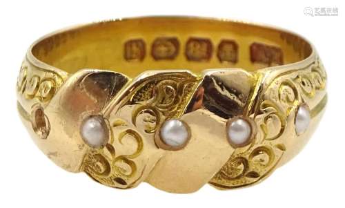Victorian 18ct gold seed pearl ring with engraved scroll dec...