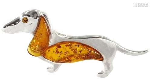 Silver amber dachshund brooch