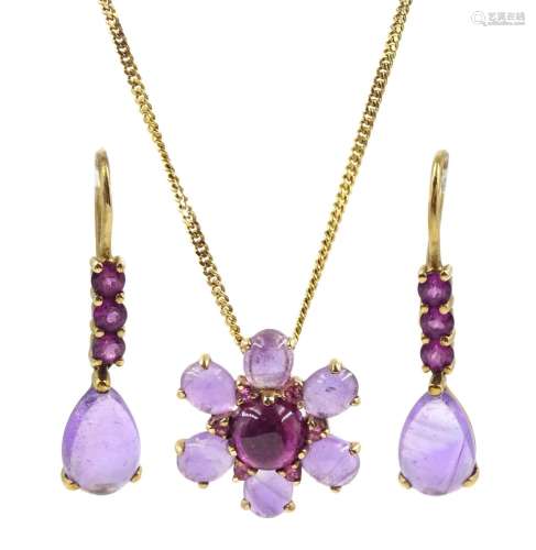 9ct gold cabochon amethyst and stone set flower pendant neck...