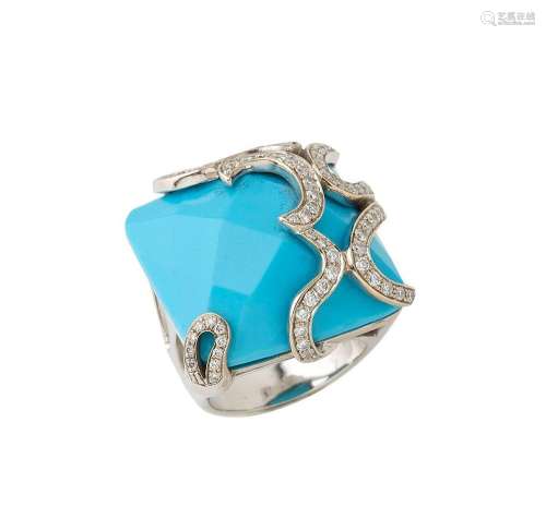 Bague de createur en or gris 18K (750/°°), ornée d une turqu...