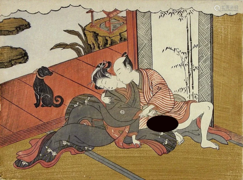 Isoda KORYUSAI (fl. 1765-85): Couple by the verandah with do...