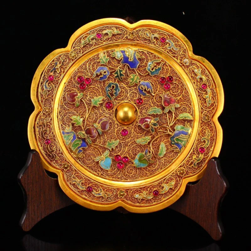Chinese Gold Wire Enamel Gilt Gold Red Copper Mirror