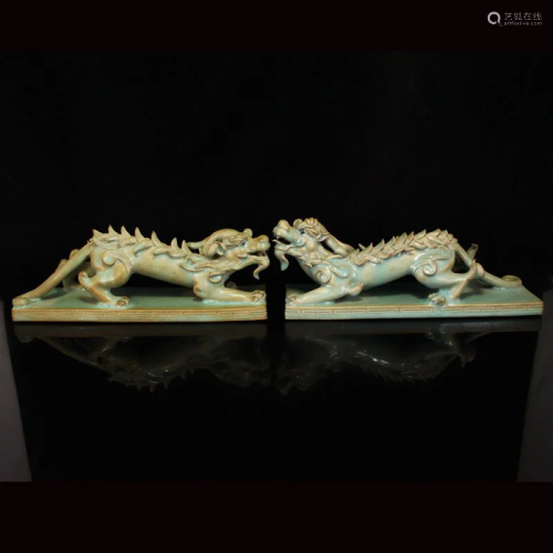 Pair Chinese Song Dy Ru Kiln Divine Beast Porcelain Paperwei...