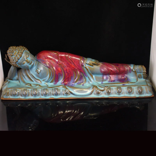 Variable Glaze Jun Kiln Porcelain Sleeping Buddha Statue