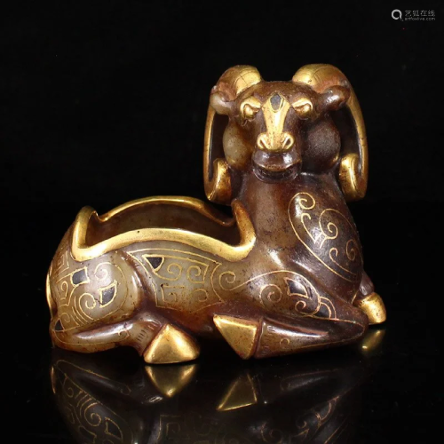 Chinese Han Dynasty Gilt Gold Hetian Jade Fortune Sheep Brus...