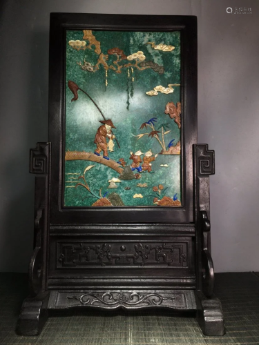 Chinese Qing Dynasty Zitan Wood Inlay Shell & Gems Fishe...