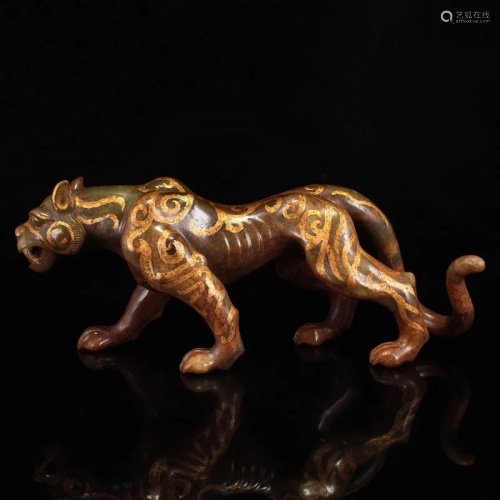 Vintage Chinese Gilt Gold Hetian Jade Leopard Statue