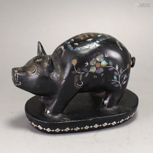 Vintage Chinese Lacquerware Inlay Shell Fortune Pig Statue