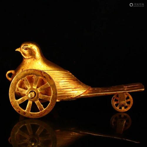 Chinese Gilt Gold Red Copper Bird Chariot Statue