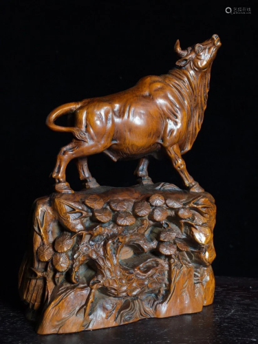 Chinese Boxwood Wood Carved Fortune Ox Statue