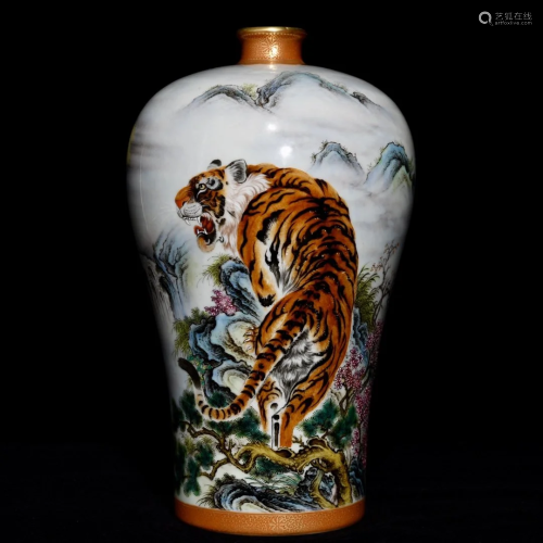 Superb Chinese Gilt Edge Famille Rose Tiger Design Porcelain...
