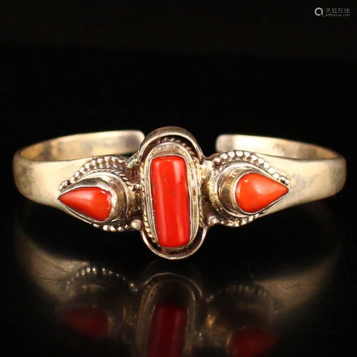 Vintage Pure Silver Inlay Red Coral Bracelet