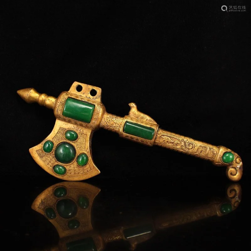 Vintage Chinese Gilt Gold Red Copper Inlay Green Jade Axe St...